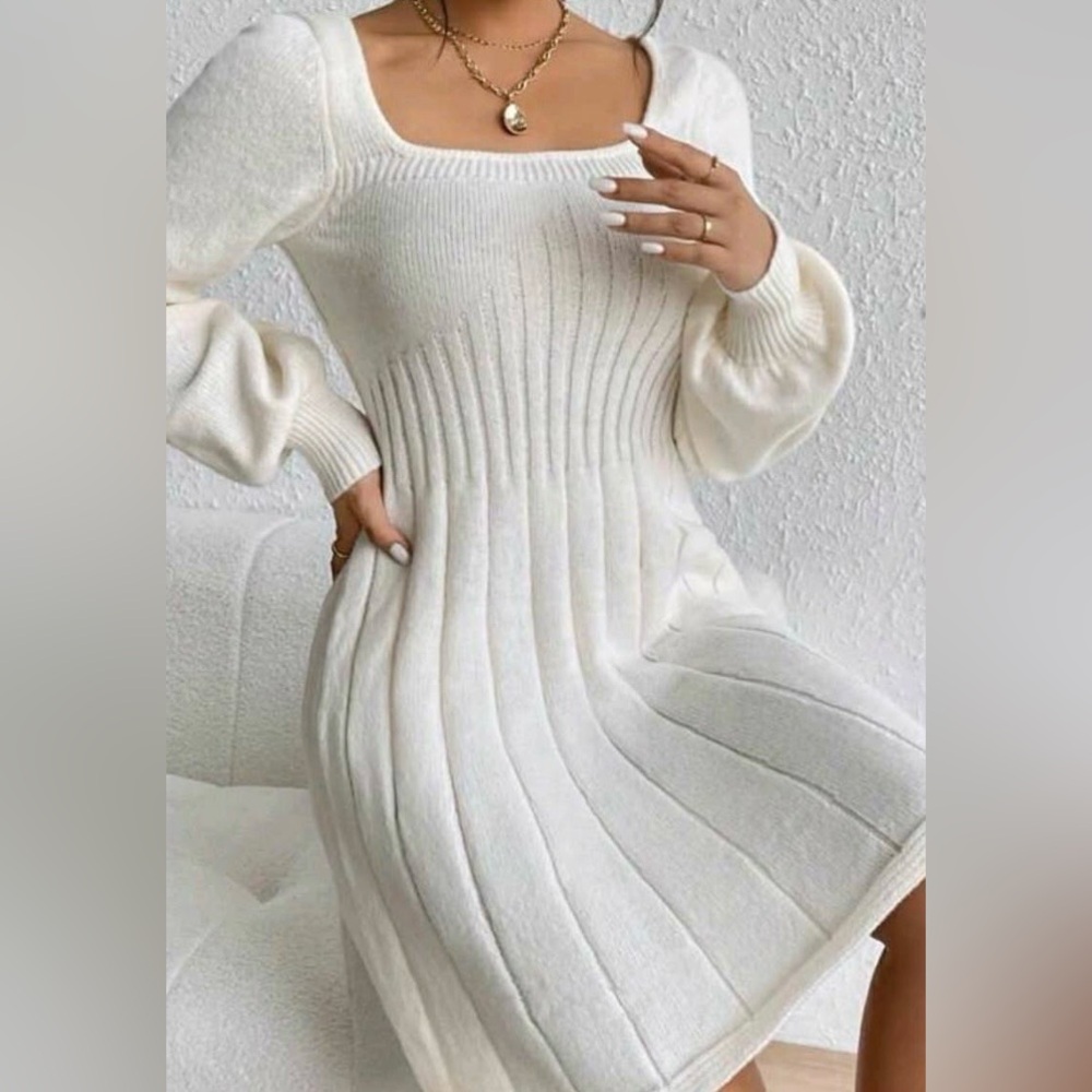 Emery Rose Nwt Elegant White Rib-Knit Square Neck Dress